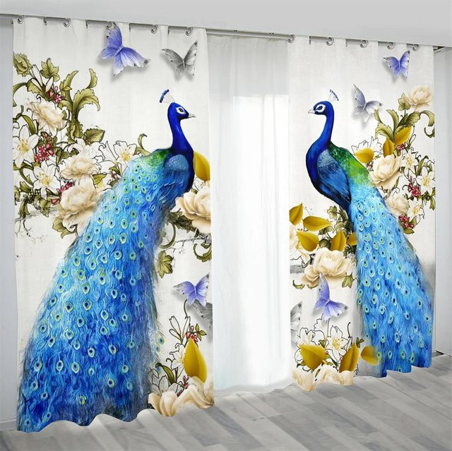 Retro Elegante Pfauen-Serie Vorhang Set in Blau und Gold, 2 Stück lichtfilternde Dekovorhänge mit floralem Design, Breite: 75 cm, Höhe: 60 cm - Bild 1