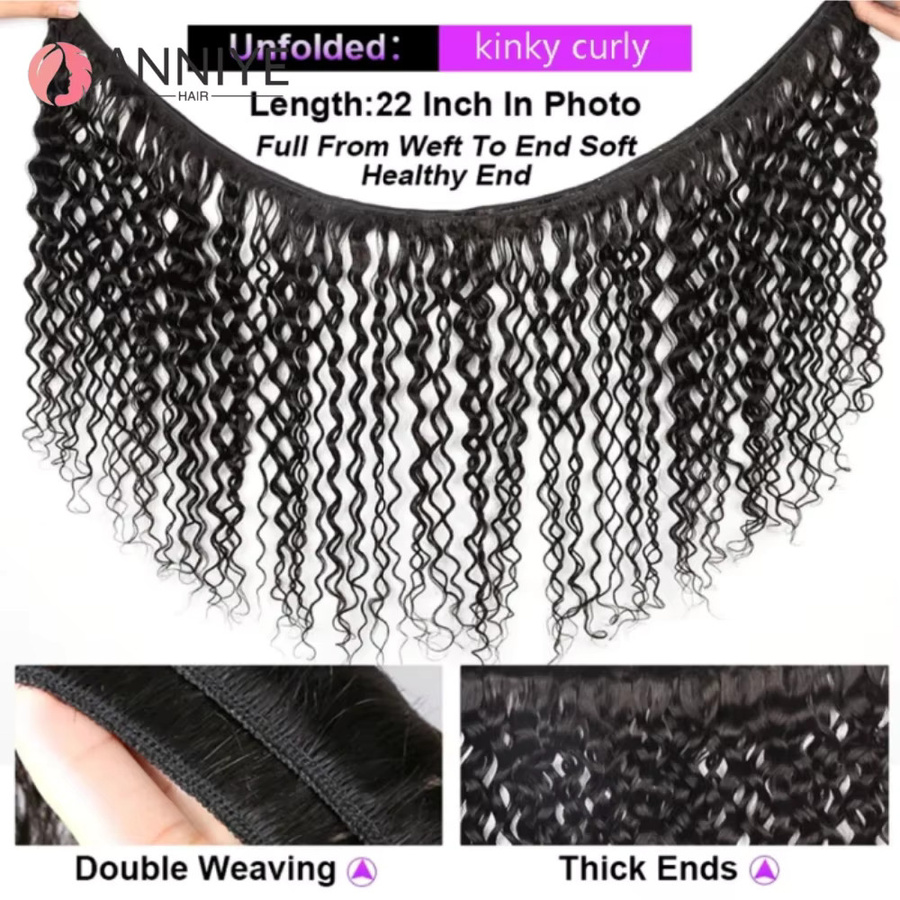 ANNIYE Kinky Curly Bundles mit 4x4 Lace Closure, Remy Echthaarverlängerungen, Naturfarbe - Bild 5