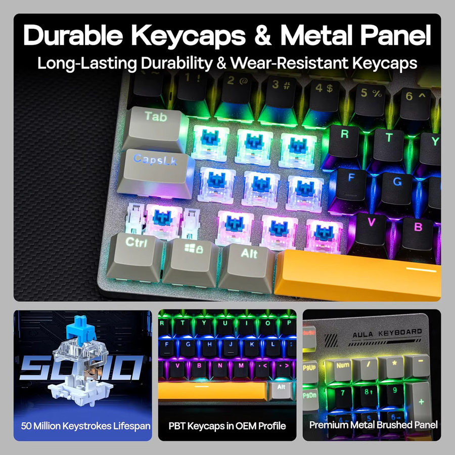 AULA S500 Mechanische Gaming-Tastatur mit 104 Tasten, RGB-Hintergrundbeleuchtung und PBT-Tastenkappen, Schwarz-Gelb-Multicolor, Kabelgebunden für PC - Bild 2