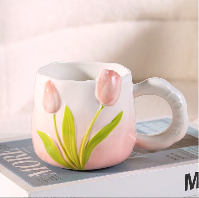 Keramikbecher mit Tulpen-Design, Kaffee- und Teetasse mit Deckel und Löffel, 400 ml - Bild 1