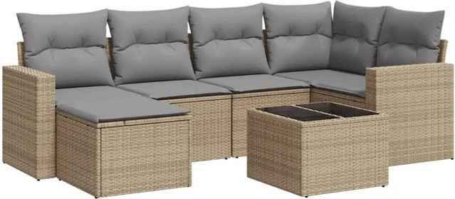 vidaXL 7-teilige Garten-Sofagarnitur aus Polyrattan in Beige mit Kissen und Couchtisch für Terrasse und Garten - Bild 1