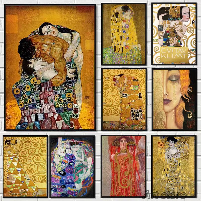 Potdemiel Leinwandbild Gustav Klimt Familie Kuss Gold Wandkunst für dein Wohnzimmer - Bild 1