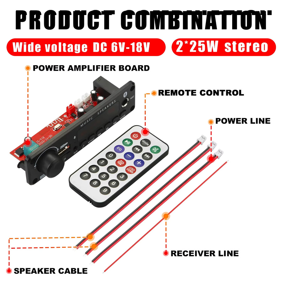 Kebidu Bluetooth MP3 Decoder Board mit 50W Verstärker, USB, TF und FM Radio, Freisprecheinrichtung für Auto Audio, Schwarz - Bild 3