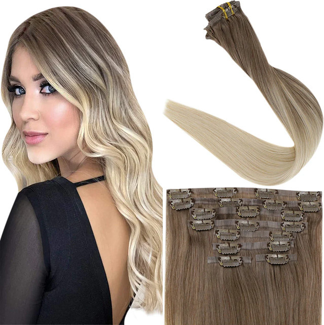 Full Shine Clip-In-Extensions Echthaar, Remy Balayage Blonde, 8 Stück, 120 g - Bild 1