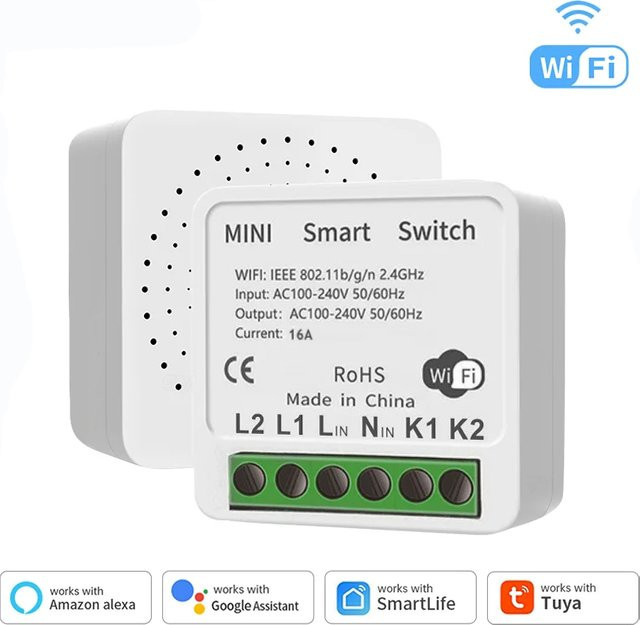 Szaoju Mini WLAN DIY Lichtschalter-Modul 16A mit 2-Wege-Steuerung in Weiß, kompatibel mit Tuya Smart Life App, Alexa und Google Home - Bild 1