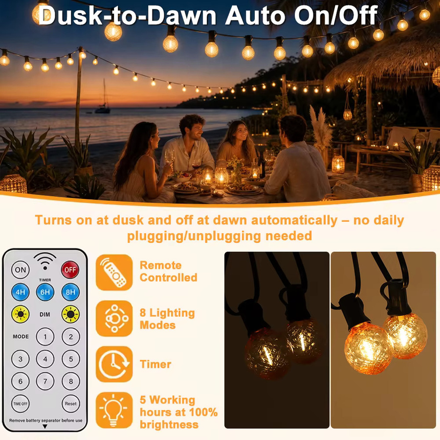 Grensk Solar-Lichterkette mit G40 Diamant-LEDs, fernbedienbar und dimmbar, IP44 wasserdicht, bruchsicher, warmweiß, transparent - Bild 5