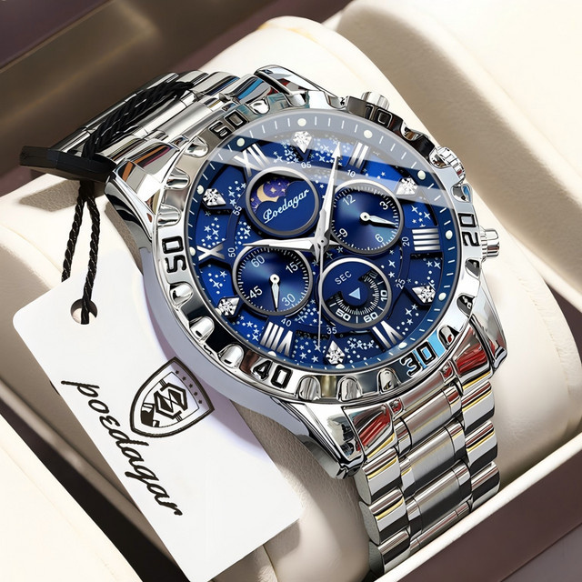 POEDAGAR Chronograph, Quarz, Edelstahl, Blau, Herren - Bild 1