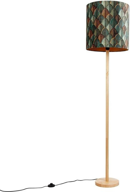 QAZQA Holzstehleuchte Mels mit Samtlampenschirm in Blattdesign und goldener Innenseite - Bild 1