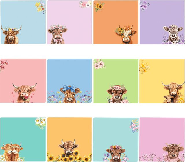 12/24-teiliges Haftnotizen-Set mit Highland-Cattle-Motiv in Multicolour, selbstklebende Notizblöcke aus Papier für Büro und Zuhause - Bild 1