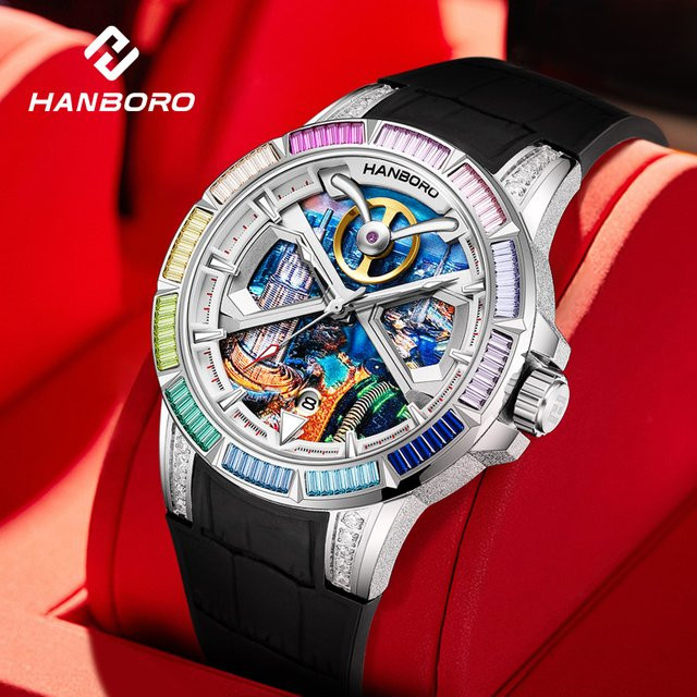 HANBORO Herren Armbanduhr, Automatik, Edelstahl, Diamant, Blau, Rund - Bild 1