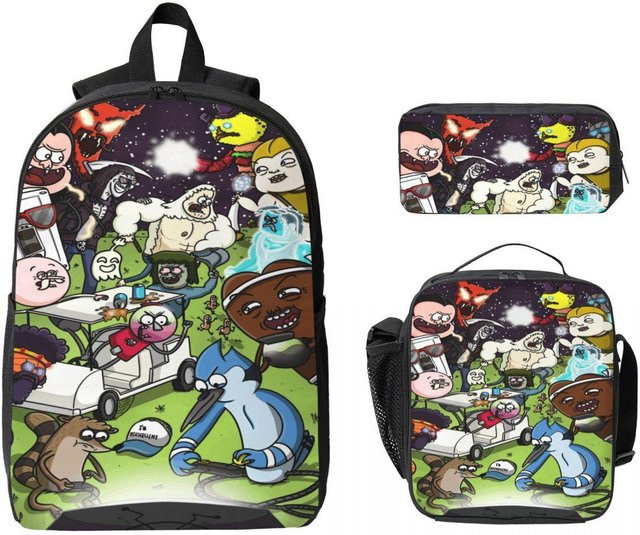 3-teiliges Schultaschen-Set Mordecai und die Rigbys von Fancy Style Studio mit Rucksack, Federmäppchen und Brotdose in Mehrfarbig - Bild 1