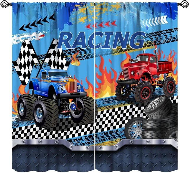 JFCurtain Kinder Vorhänge mit Rennauto und Monster Truck Design, Blau, B/H: 60 x 150 cm - Bild 1