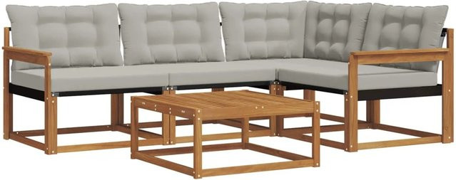 vidaXL Outdoor-Sofagarnitur aus Akazienholz mit Textilene und Kissen, 5-teiliges L-Shape Set, Hellgrau - Bild 1