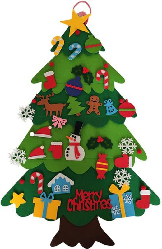 GoolRC Weihnachtsbaum aus Filz mit LED-Lichterkette und 33 hängenden Ornamenten in Grün und Mehrfarbig für Kinder und Dekoration - Bild 1