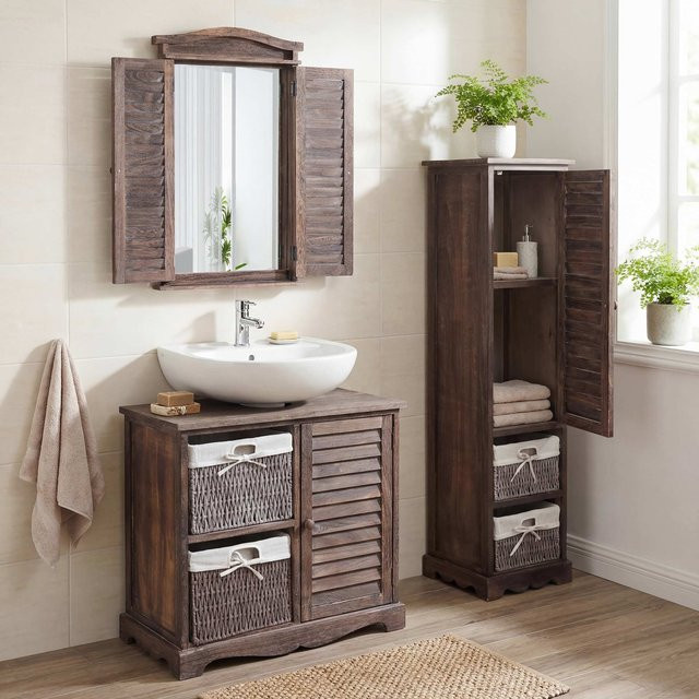 3-teiliges Badezimmerset MCW H20 in Shabby Braun mit Hochschrank, Waschbeckenunterschrank und Wandspiegel aus Palowniaholz - Bild 1