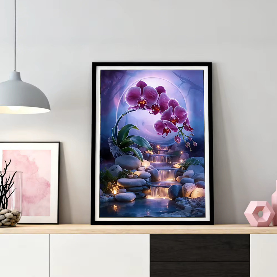HUACAN Diamant-Mosaik Orchidee als Naturlandschaft mit runden Strasssteinen, B/H: 20 x 30 cm - Bild 3