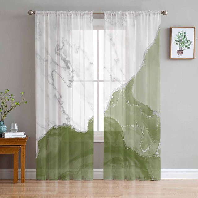 Transparente Tüll Vorhänge aus Organza in Weiß und Salbeigrün für Wohnzimmer und Küche, Breite: 135 cm, Höhe: 115 cm - Bild 1