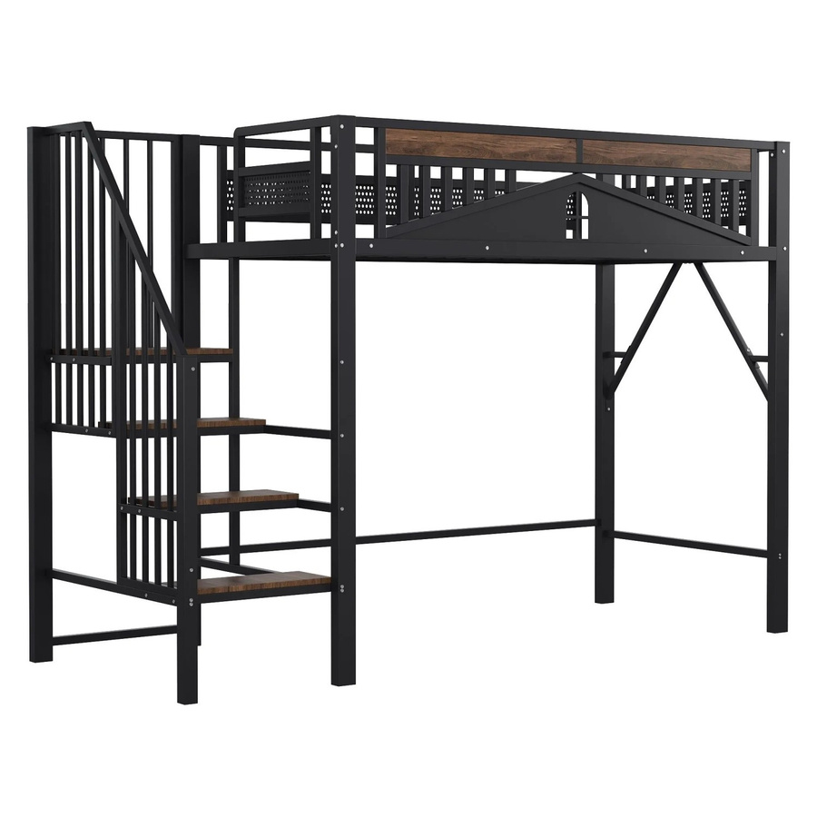 Merax Hochbett aus Metall für Kinderzimmer in Schwarz mit Treppe und Seitenfächern, B/T/H: 90 x 200 x 170 cm - Bild 2