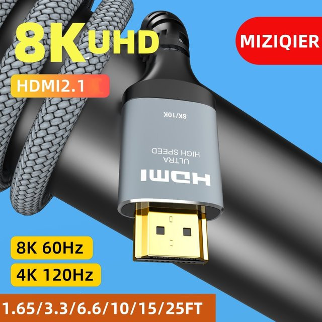 MIZIQIER HDMI 2.1 Kabel in Schwarz mit 8K 60Hz, 4K 120Hz und 48Gbps für PS5, Laptop und TV - Bild 1