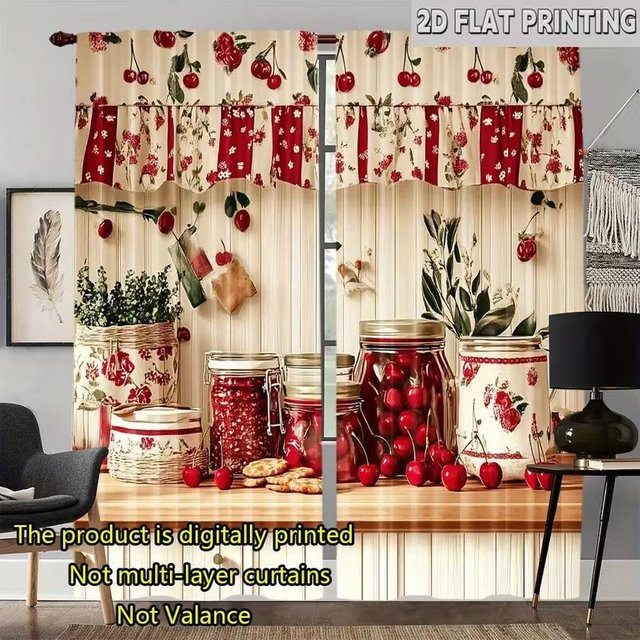 Set aus 2 Vorhängen mit Kirschenmuster aus Polyester für Schlafzimmer, Wohnzimmer oder Küche, Breite: 100 cm, Höhe: 70 cm - Bild 1
