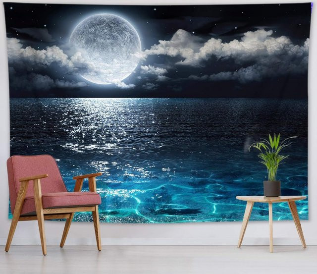 VIKAMA Wandteppich mit blauem Meeresnachthimmel und Mond über dem Ozean, Boho-Landschaft als Wanddekoration - Bild 1