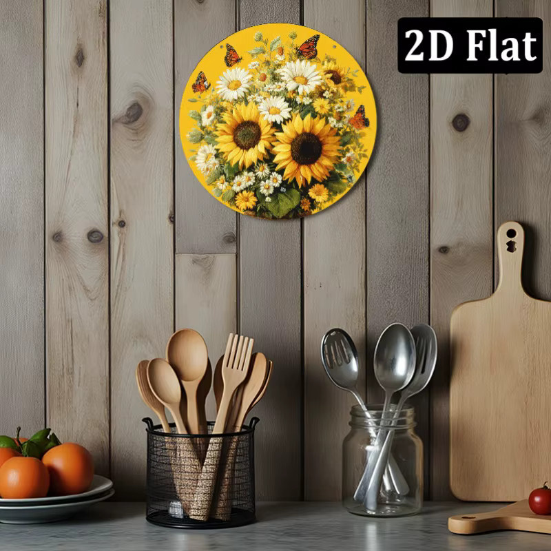 CIFBUY Retro Metall-Wandkunst mit Sonnenblumen und Schmetterlingen, Rundes Rustikales Schild, Durchmesser: 20,32 cm - Bild 4