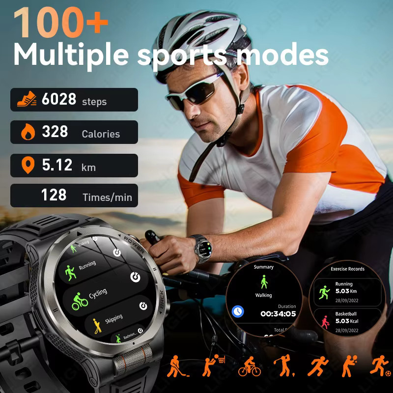LIGE Militärische Smartwatch in Schwarz mit 1,43 Zoll AMOLED-Bildschirm, 1100mAh Akku, Bluetooth-Anruffunktion und 3ATM Wasserdichtigkeit - Bild 4
