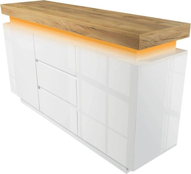 okwish Kommode mit LED-Beleuchtung in Weiß, modern mit Türen und Schubladen, B/T/H: 140 x 39 x 81 cm - Bild 1