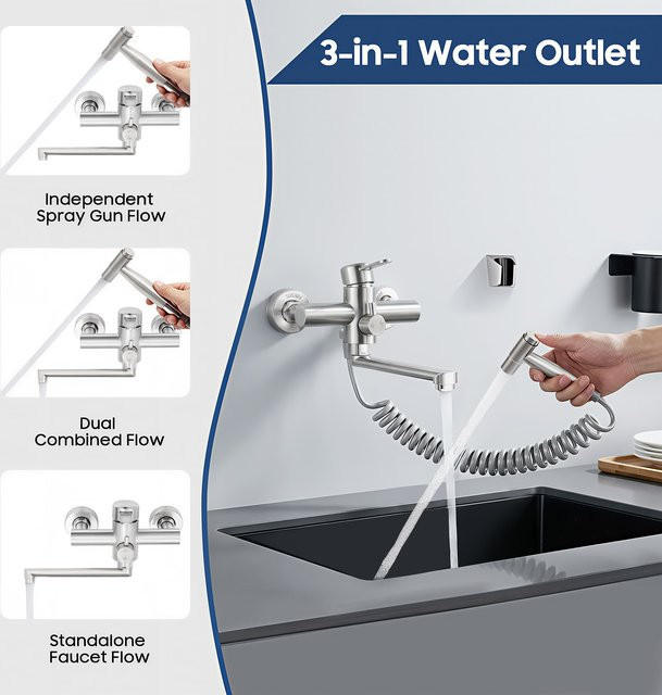 Aohuada Wandmontierter Wasserhahn aus Edelstahl 304 mit Wasserpistole und Seitenspray für Küche und Badezimmer, Silber - Bild 1