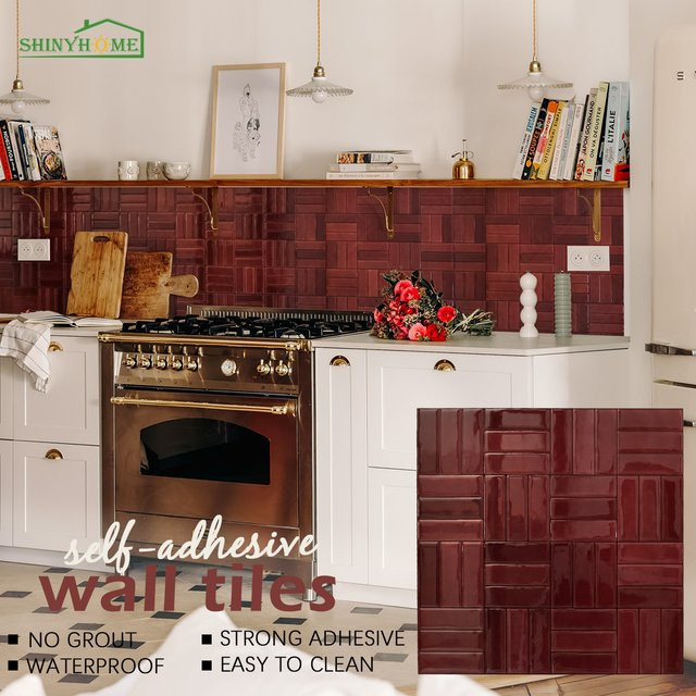 10 Stück SHINYHOME 3D-Marokkan-Zellige-Panels selbstklebend, wasserdicht, öl- und hitzebeständig, Farbe: Beige und Rot - Bild 1