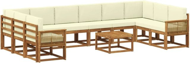 vidaXL Outdoor-Sofagarnitur aus Massivholz Akazie in L-Form mit Polstern, 11-teiliges Set, Farbe Natur und Beige - Bild 1