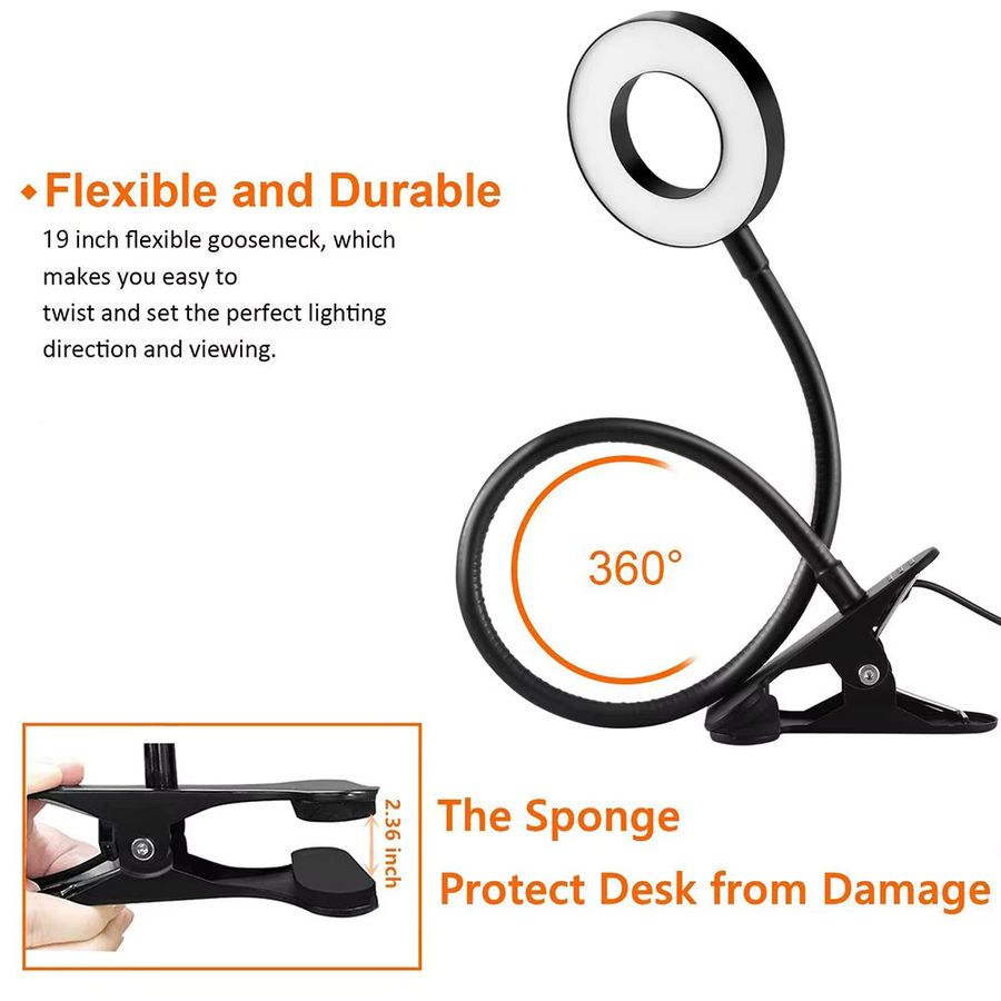 GGBEE LED Schreibtischlampe mit 48 LEDs, USB Clip-Leuchte mit 360 Grad Schwanenhals und einstellbarer Helligkeit für Augenschutz - Bild 4