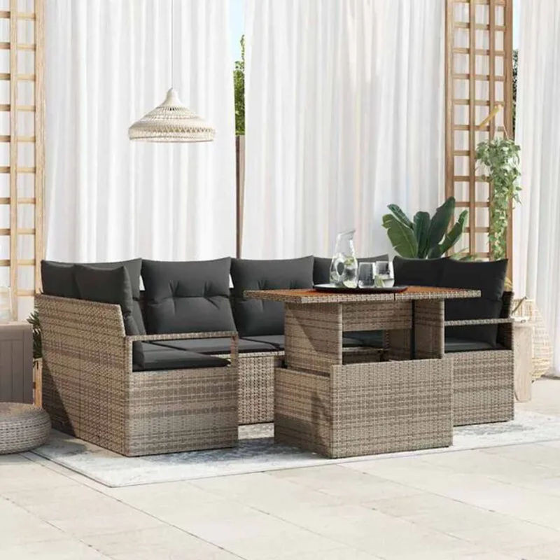 7-teiliges Polyrattan Garten-Sofa-Set mit Kissen in Grau von vidaxl, modern gestaltete Loungemöbel aus Akazie und Stahl, B/T/H: 100 x 55 x 73 cm - Bild 1
