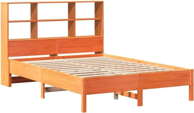 vidaXL Massivholzbett aus Kiefernholz mit Regal in Braun, Rustikaler Stil, B/T/H: 140 x 190 x 141 cm - Bild 1