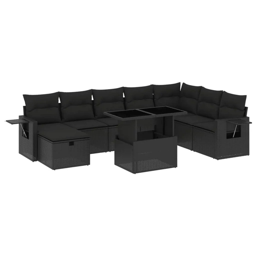 vidaXL 9-teilige Garten-Sofagarnitur in L-Form aus schwarzem Poly-Rattan mit Kissen und pulverbeschichtetem Stahlgestell - Bild 2