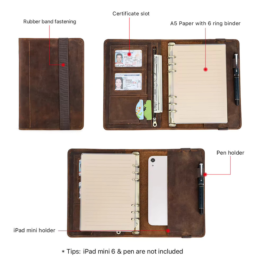 Retro Business A5 Notizbuch mit Lederbezug in Braun, Portfolio mit 6-Ring-Binder, Hardcover und Kartenfächern - Bild 2