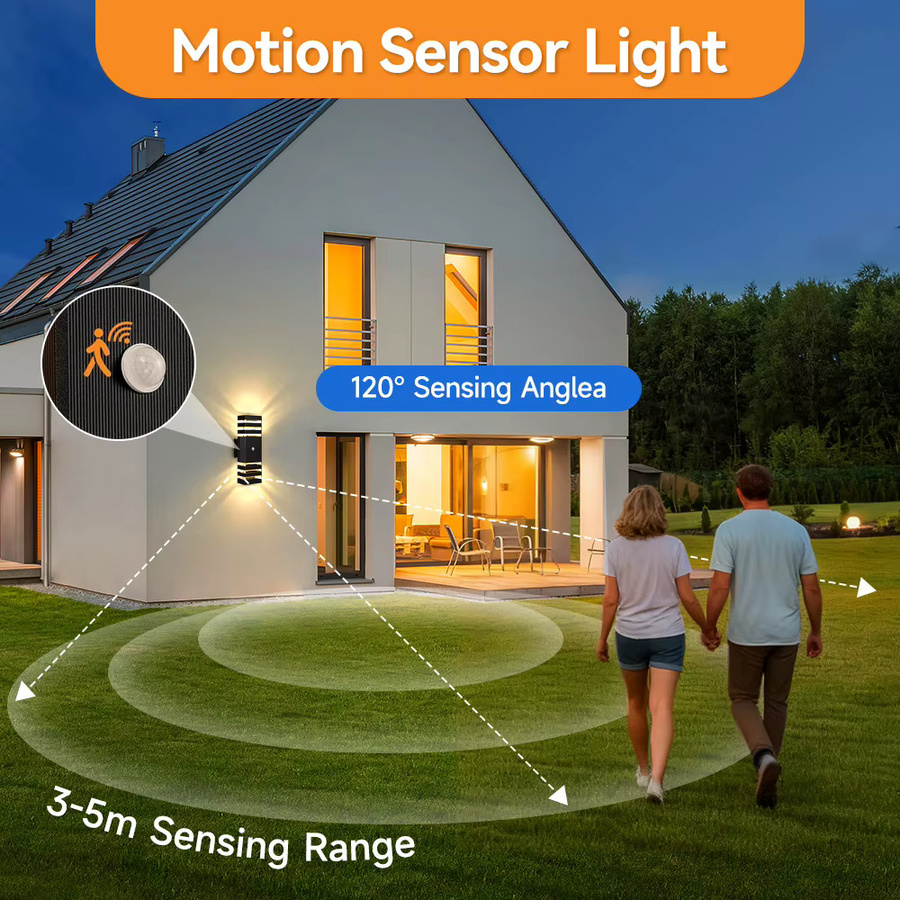 CANMEIJIA LED Außenwandleuchte in Schwarz mit Bewegungssensor und Up-Down-Lichteffekt, moderne rechteckige Gartenleuchte für Veranda und Garage, Warmweiß - Bild 2