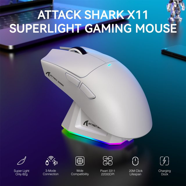 ATTACK SHARK X11 Kabellose Gaming-Maus in Weiß mit RGB-Beleuchtung, 22.000 DPI und optischem PAW3311-Sensor - Bild 1