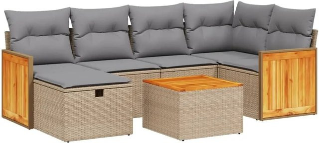 vidaXL 7-tlg Garten-Sofagarnitur aus Poly Rattan in Beige mit Kissen und L-Form für Terrasse und Garten - Bild 1