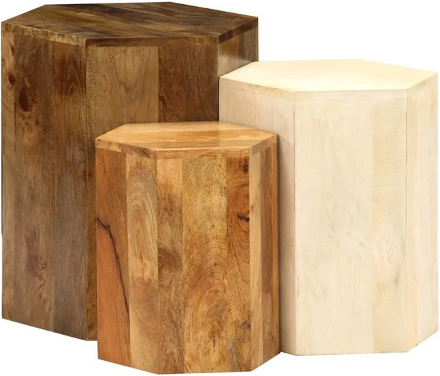 vidaXL 3-tlg. Couchtisch-Set aus massivem Mangoholz in Braun und Weiß im Vintage-Design, runde Couchtische - Bild 1