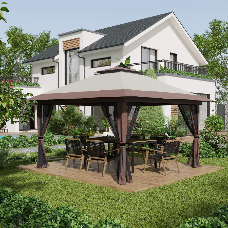 Outsunny Gartenpavillon Beige 4x4m Stabil Winterfest Pop-up Partyzelt mit Doppeldach und 4 Seitenteilen - Bild 2