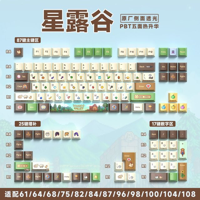 Wooting60He Stardew Valley Themen Tastenkappen mit 129 Tasten aus PBT in Multicolour und transparent mit Seitengravur für mechanische Tastaturen - Bild 1