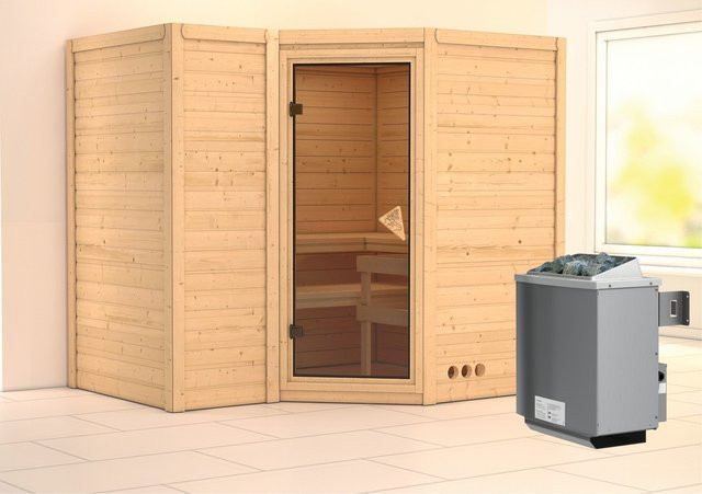 Karibu Massivholzsauna SAHIB 2 aus Fichte und Espe mit 9,0 kW Ofen, integrierter Steuerung und Ganzglastür in Bronze, B/T/H: 236 x 184 x 212 cm - Bild 1