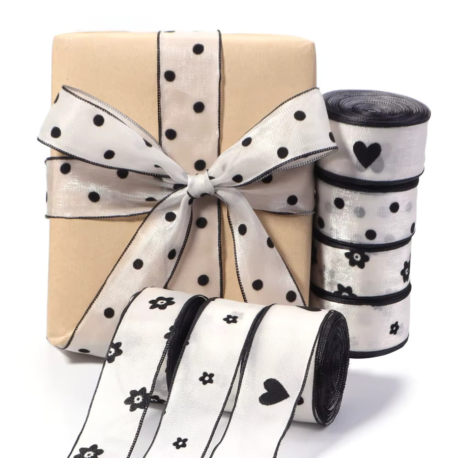 Klassisches schwarz-weiß gepunktetes Flockband für Geschenkverpackungen und DIY-Projekte, 10 Yards - Bild 2