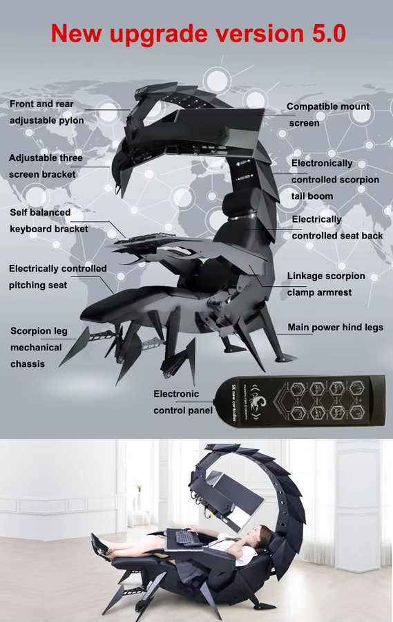 Cluvens Scorpion Chair Ergonomischer Zero Gravity Gaming-Stuhl mit Cockpit für 3 bis 5 Monitore in Schwarz - Bild 5