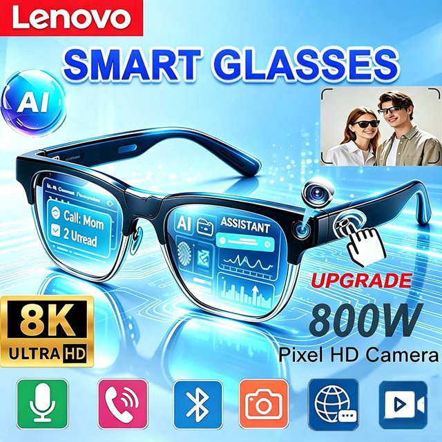 Lenovo Smart AI-Brille mit 8K HD Aufnahmekamera, Bluetooth für Sprachanrufe und Übersetzung, Schwarz - Bild 1