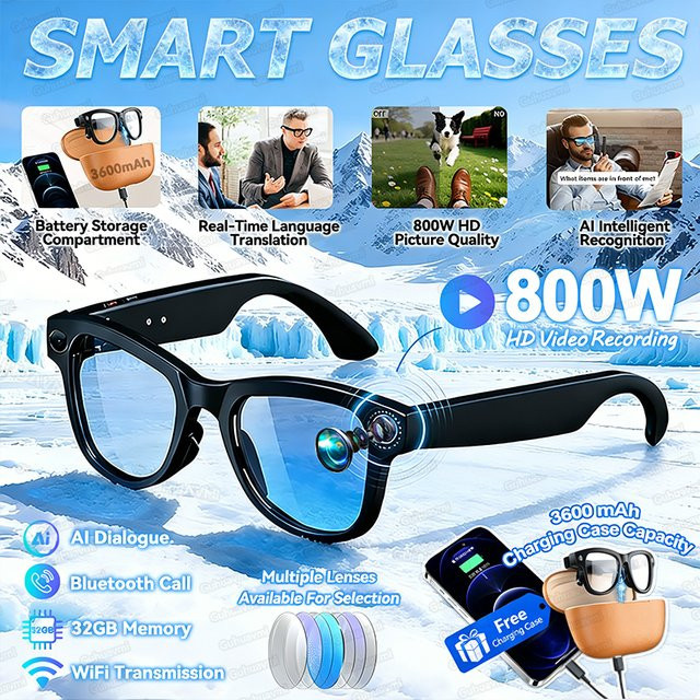 GUHUAVMI Smart-Brille mit Kamera und Bluetooth für Herren, Schwarz, 800W HD Foto- und Videoaufnahme, 3600mAh Powerbank, Sprach-Sonnenbrille mit Übersetzungsfunktion und Anruffunktion - Bild 1