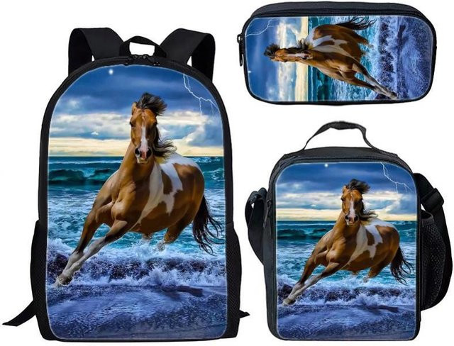 Fancy Style Studio Dreiteiliges Schulset mit Pferdemotiv bestehend aus Rucksack, Brotdose und Federmäppchen in Multicolour - Bild 1