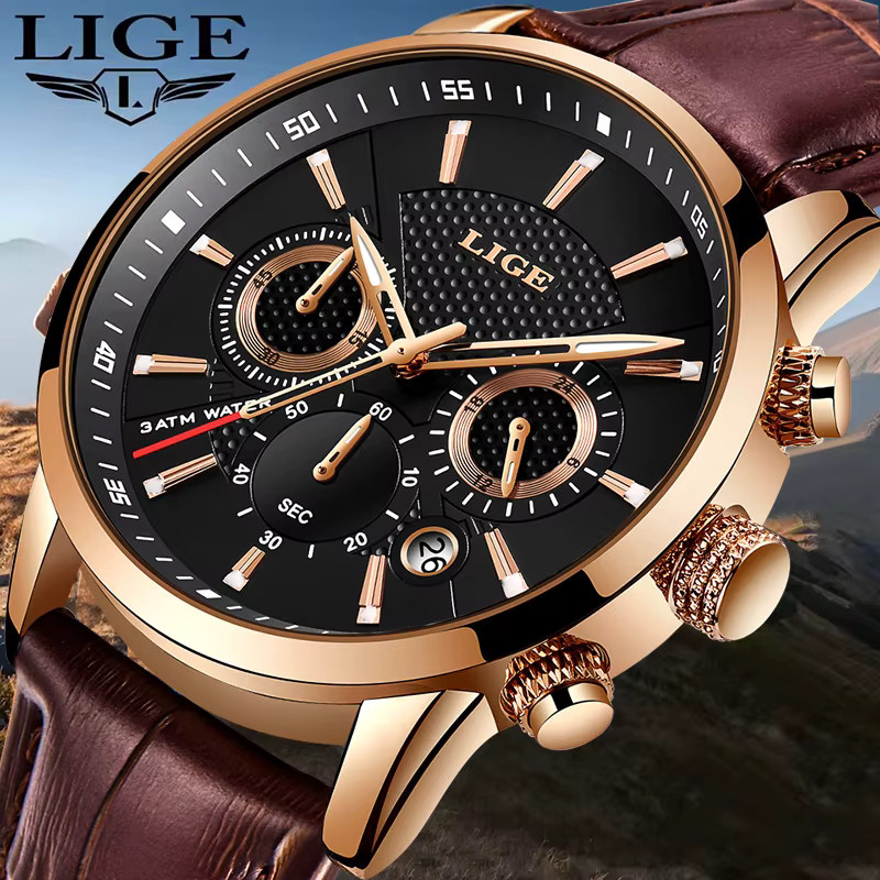 LIGE Chronograph Armbanduhr, Quarz, Leder, Schwarz, Herren - Bild 6