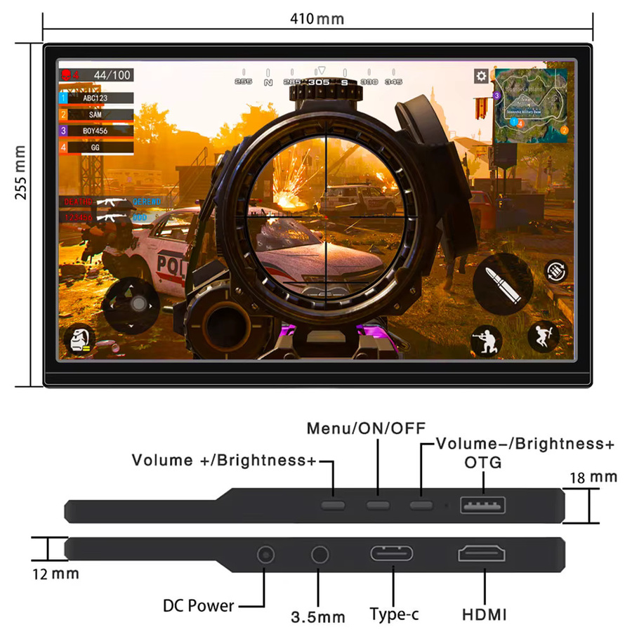 Pisichen Tragbarer 17,3 Zoll Monitor mit USB-C und HDMI, Externer LCD-Bildschirm in Schwarz für PC, Mac, Laptop, Smartphone, Xbox und Switch - Bild 3
